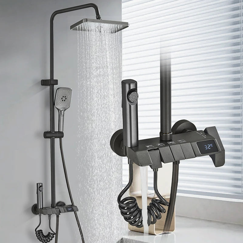 Douchekraan - Douchepaneel  - Douche - Regendouches - Bidet Handdouche & Thermostatische Mengkraan - Inbouw Douchekraan Set - Gun Grey - zonder Display - QUORE