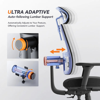 Ergonomische Bureaustoel - Gaming Stoel - Stoelen - Bureaustoelen - met Adaptieve Lendensteun - Verstelbare Hoofdsteun - en Zitdiepte - 4D Armleuningen - Kantelbare Rugleuning - Geschikt voor 160-195cm Lengte - Zwart