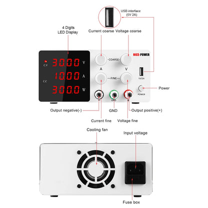 Lab Voeding - DC Voeding - Regelbare Voeding - Voeding - Regelbare Spanningsregelaar - Functie Generator - 30V - 10A - 220V - Voeding Spanningsregelaar - Zwart