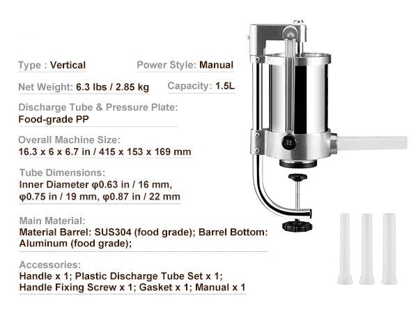 Worstenvuller - Worstmaker - Worstenmachine - Verticale - 1.5L - met 3 Opzetstukken - Worstenvuller handmatige - Compacte RVS Vleesvuller - voor Thuisgebruik