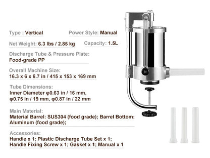 Worstenvuller - Worstmaker - Worstenmachine - Verticale - 1.5L - met 3 Opzetstukken - Worstenvuller handmatige - Compacte RVS Vleesvuller - voor Thuisgebruik
