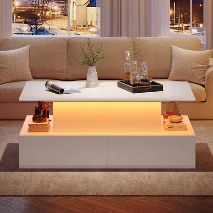 Salontafel – Moderne Tafel – Witte Hoogglans Tafel – Uitschuifbare Tafel – Met LED-Verlichting – Vier Lades – Geruisloos Uittreksysteem