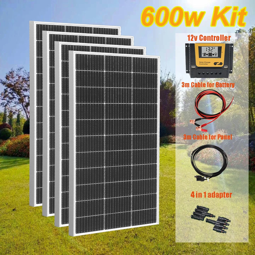 Zonnepaneel - Zonnepanelen - Monokristallijne Solar Kit - Waterdicht - met Glas - en Aluminium Frame - Lichtgewicht - 12V - 600W - 4stuk - voor Boot - Camper - Caravan - RV of Tuin