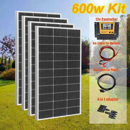 Zonnepaneel - Zonnepanelen - Monokristallijne Solar Kit - Waterdicht - met Glas - en Aluminium Frame - Lichtgewicht - 12V - 600W - 4stuk - voor Boot - Camper - Caravan - RV of Tuin