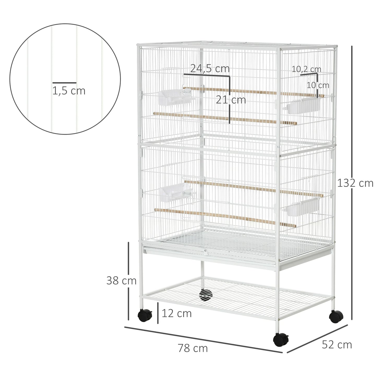Vogelkooi – Vogelkooi Op Wielen – Vogelkooi Groot – Kooi Voor Parkieten – Kooi Voor Kleine Vogels – Ruime Afmetingen 78x52x132 cm – Verwijderbare Bodemlade & 6 Toegangsdeuren