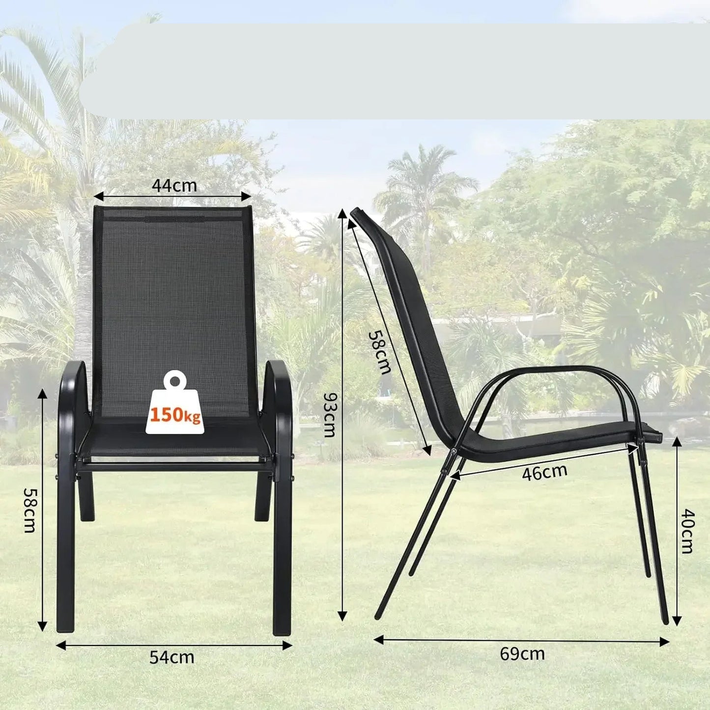Tuinstoelen - Eetkamer Stoelen - Strandstoelen - Tuinstoel - Klaptoel - Textilene Eetstoelen met Stalen Frame - Stapelbare - Draagvermogen 150kg - Set van 4 - Zwart - QUORE