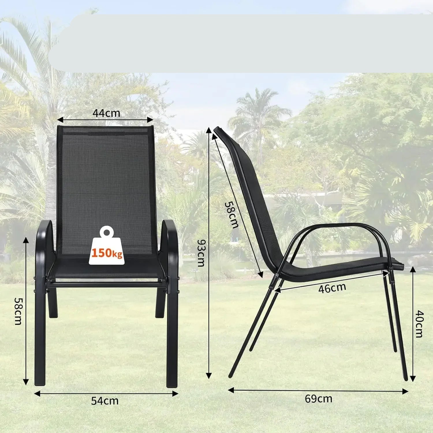 Tuinstoelen - Eetkamer Stoelen - Strandstoelen - Tuinstoel - Klaptoel - Textilene Eetstoelen met Stalen Frame - Stapelbare - Draagvermogen 150kg - Set van 4 - Zwart - QUORE
