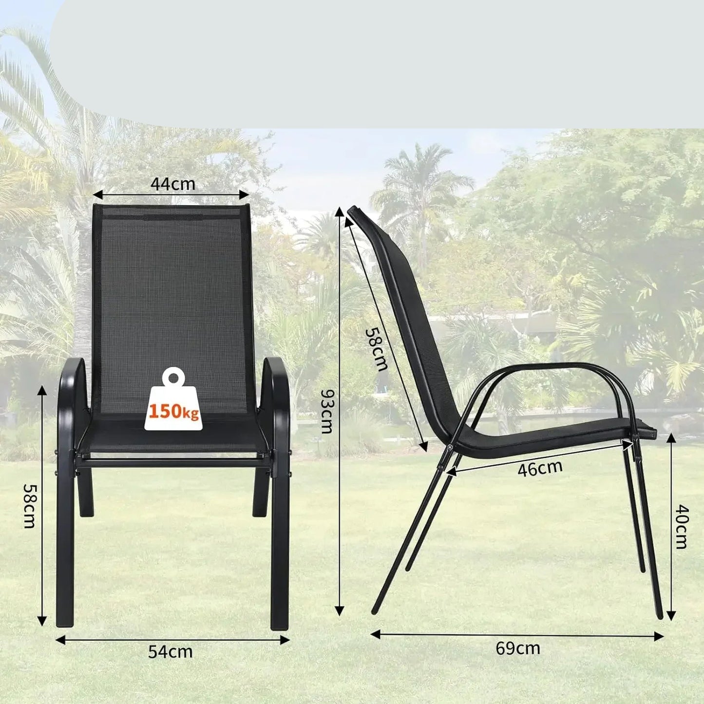 Tuinstoelen - Eetkamer Stoelen - Strandstoelen - Tuinstoel - Klaptoel - Textilene Eetstoelen met Stalen Frame - Stapelbare - Draagvermogen 150kg - Set van 4 - Grijs