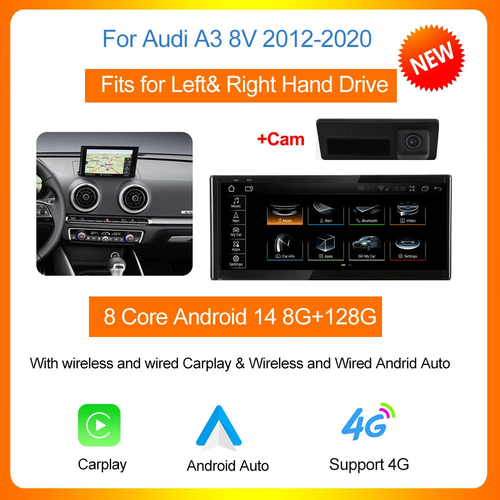 Autoradio Audi A3 8V – Multimedia Speler – 2-DIN Radio – Touchscreen Radio – Navigatiesysteem – 10,25 Inch HD Scherm – Draadloze CarPlay & Android Auto - QUORE