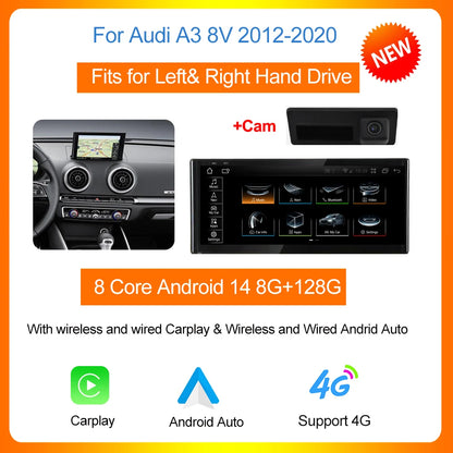 Autoradio Audi A3 8V – Multimedia Speler – 2-DIN Radio – Touchscreen Radio – Navigatiesysteem – 10,25 Inch HD Scherm – Draadloze CarPlay & Android Auto - QUORE