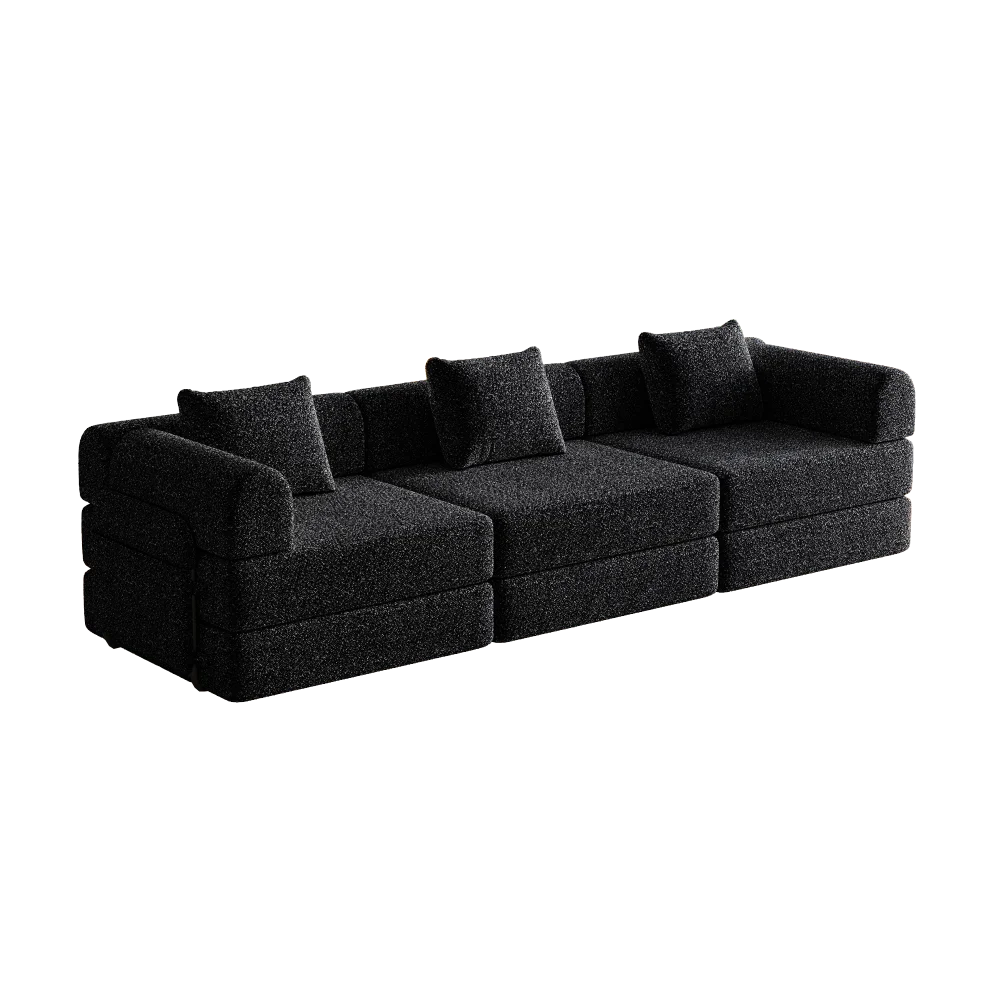 2-In-1 Chenille Sofa Bed – Slaapbank – Bankbed – Slaapbankje – 3-Zits Bank – Zwarte Stoffering – Verstelbaar Frame – Opbergruimte in Armleuning - QUORE