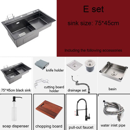 High and low kitchen sink With knife holder Cutting board rack stainless steel pia Matte black sink vegetable washing basin