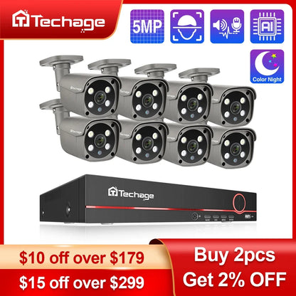 Techage 8CH 5MP HD POE CCTV Security Camera System Home Video Surveillance NVR Kit Face Detection Outdoor IP Camera Set Xmeye - QUORE