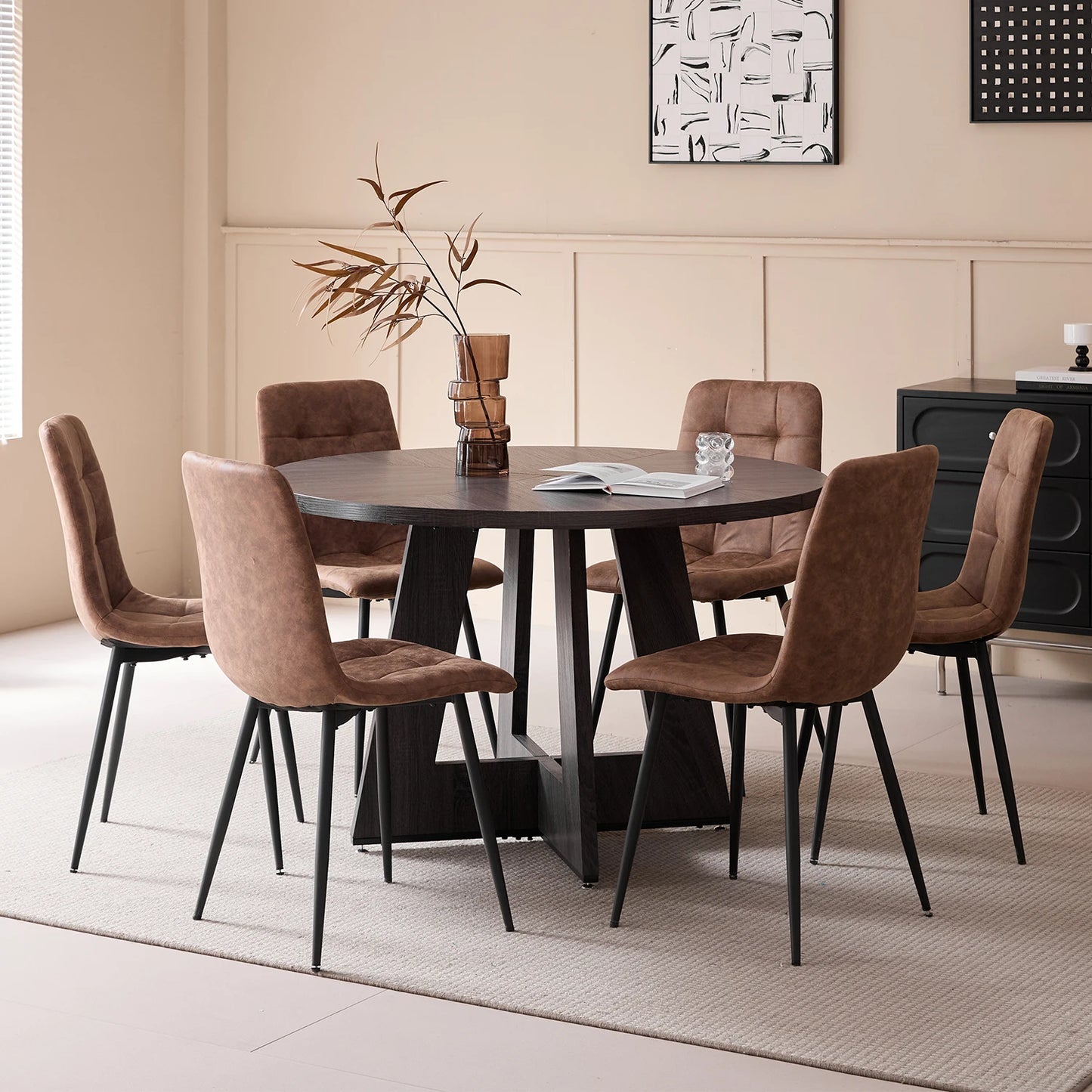 Ronde Eettafel – Eetkamertafel – Keukentafel – Tafel – Houten Tafel – Zwart Frame – Massief Hout – Ø 120 cm – Stevige Kruisvoet