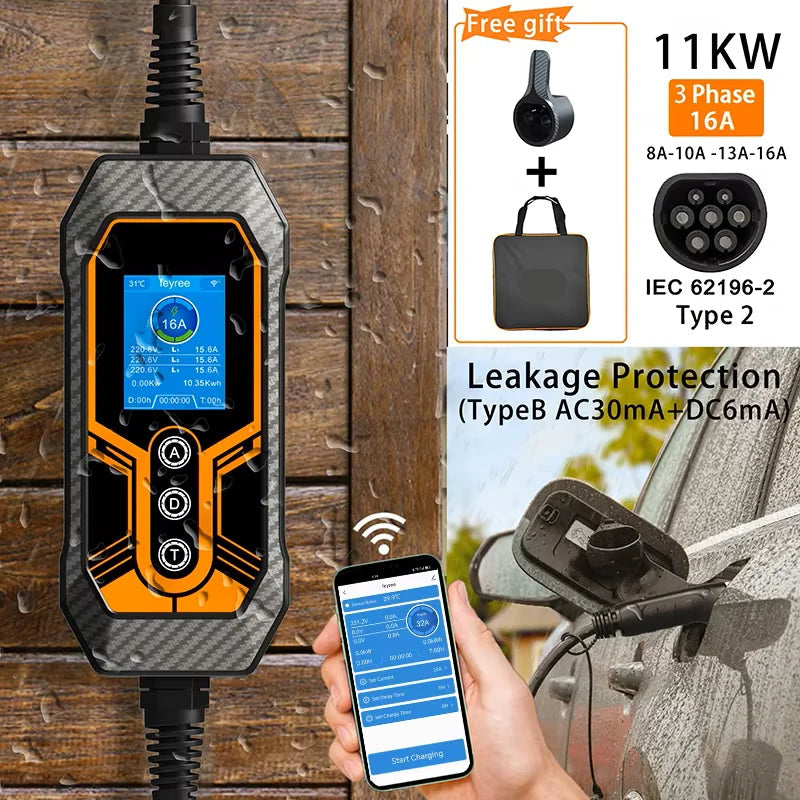 Slimme Thuislader – Elektrische Auto Oplader – Laadpunt – EV Charger – 11 kW Vermogen – Instelbare Laadstroom – IP66 Waterdicht - Type 2 - QUORE