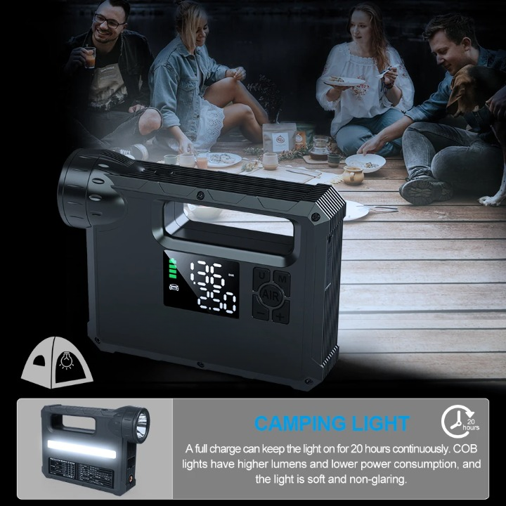 5-in-1 - Auto-Starthulp - Draagbare Zaklamp - Startapparaat Power Bank - Automotive Booster-start - met Luchtcompressor - 12000-18000mAh - 1000A - 150PSI - 12V - 10W - 1300LM - Zwart
