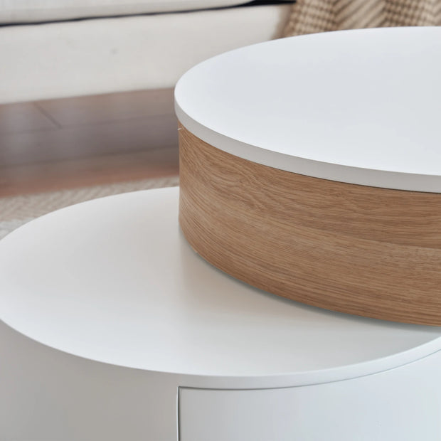 2-delige Salontafel Set - Wit &amp; Houtkleur - Inklapbare Nesting Tafel met 2 Lades - Verstelbare Hoogte - Woonkamer