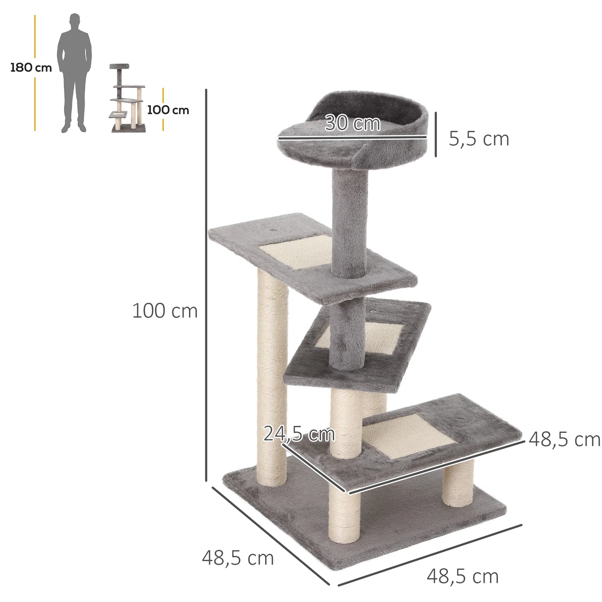 Kattenboom - Krabpaal - met Activiteitencentrum - Platforms - Perfect voor  Een Dutje Doen - Sporten - Spelen - Spaanplaat - Zacht pluche - 48.5 x 48.5 x 100 cm - Grijs - QUORE
