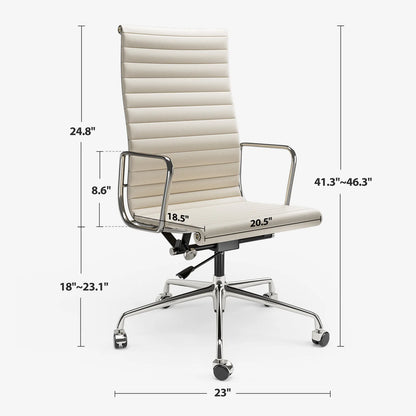Witte Lederen Bureaustoel – Ergonomische Kantoorstoel – Draaibare Gamingstoel – Verstelbare Werkstoel – Geribbelde Rugleuning – Hoogwaardig Echt Leer – Aluminium Frame - QUORE
