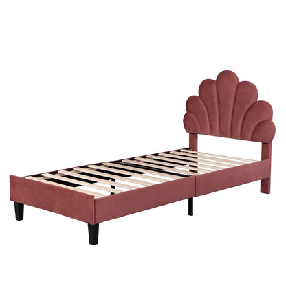 Kinderbed – Eenpersoonsbed – Bedframe – Jeugdbed – Bed voor Meisjes – Wine Red Variant – Luxe Velvet Bekleding – Met Bloemenkroon Hoofdbord – 90x200 cm