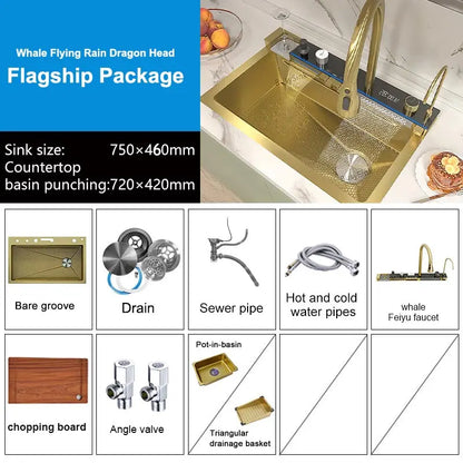 Stainless Steel Waterfall Kitchen Sink Extra Large Single Slot Digital Display Faucet Set Cup Washer Wash Basin 100*50cm
