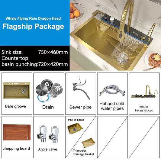 Stainless Steel Waterfall Kitchen Sink Extra Large Single Slot Digital Display Faucet Set Cup Washer Wash Basin 100*50cm