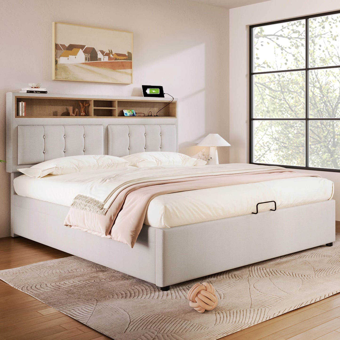 Gestoffeerd Tweepersoonsbed – Bed Met Opbergruimte – Slaapbank – Boxspring – Ledikant – 140x200 cm – Verstelbaar Hoofdbord Met USB-C Oplaadpoort