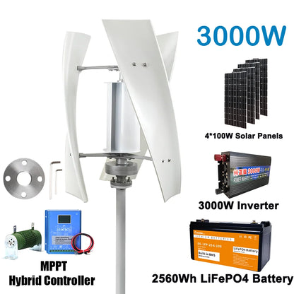 3000W Verticale Windturbine – Windmolen Generator – Alternatieve Energie – Dynamo – Windenergie Systeem – 48V Variant – Stil – Inclusief MPPT Controller en Inverter - QUORE