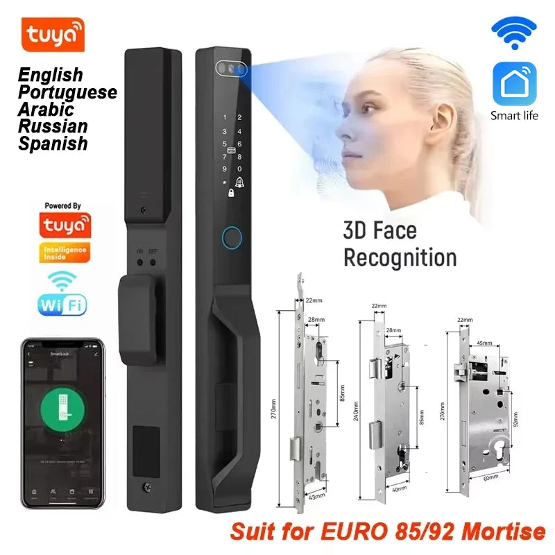 For Euro Mortise of 85/92 3D Face Recognition Smart Door Lock Tuya App Control IP68 Waterpoof Wifi Eletric Digital Smart Lock - QUORE