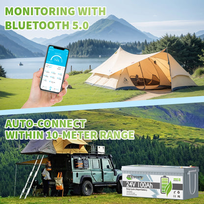 24V 100Ah LiFePO4 Accu – Lithium Accu – Energieopslag Accu – Camper Accu – Boot Accu – Bluetooth Connectiviteit – Geïntegreerd 100A Batterijbeheersysteem