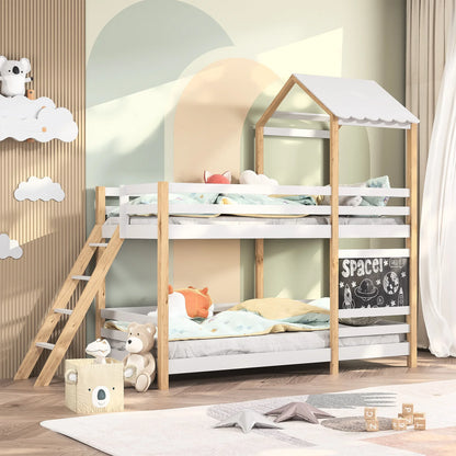Hoogslaper – Kinderhoogslaper – Huisbed – Speelbed – Bed met veiligheidsrand – MDF en dennenhout – 90x200 cm – Speels ontwerp