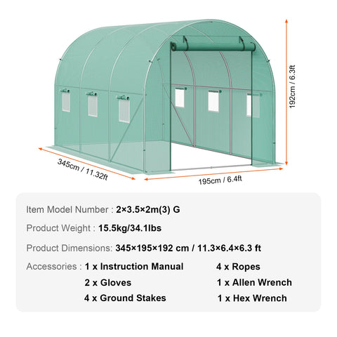 Greenhouse - Greenhouse Growing House - Conservatory - Garden Greenhouses - Tunnel Greenhouse - 12x7x7 ft - Tunnel Greenhouse - with Steel Frame Green PE Tarpaulin Roll-up Zipper Door