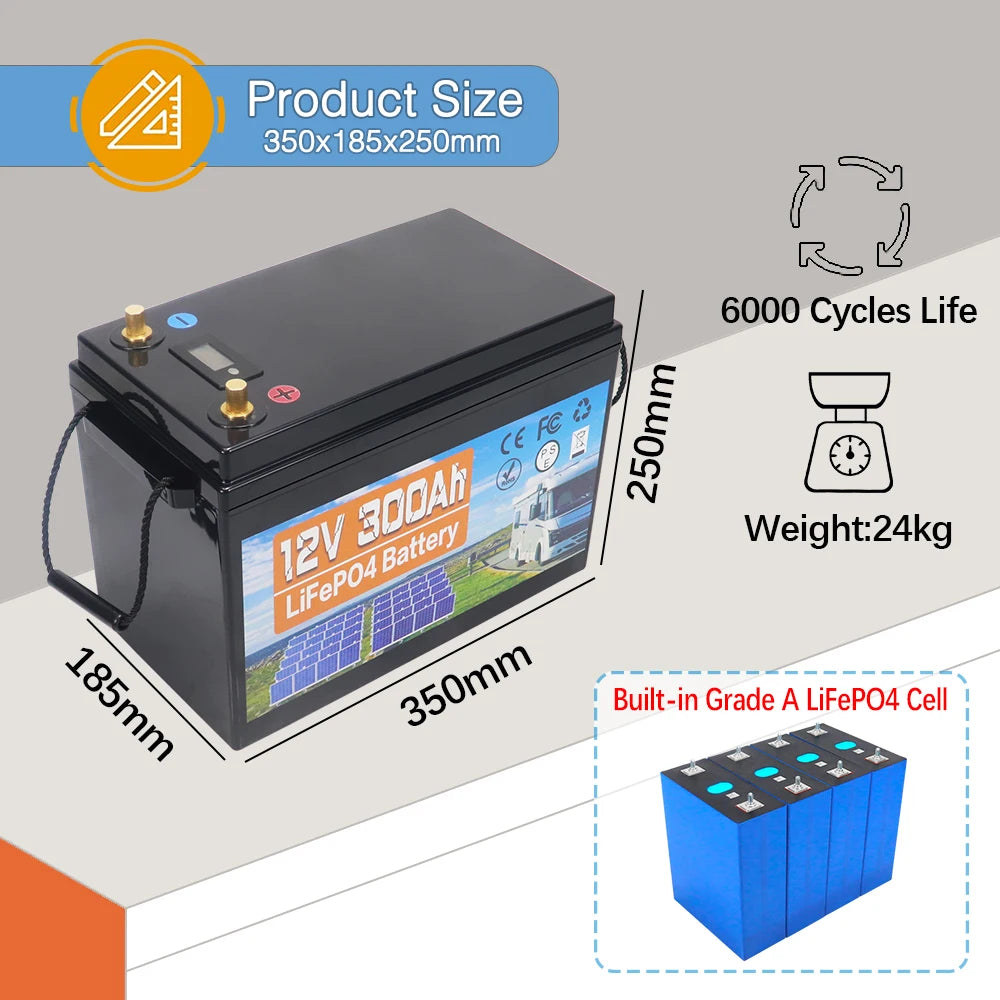 Lithium Accu – LiFePO4 Batterij – Camper Accu – Zonne-energie Accu – Golfkar Accu – 12V 300Ah – 6000 Cyclus Levensduur – Ingebouwde BMS Veiligheidssystemen