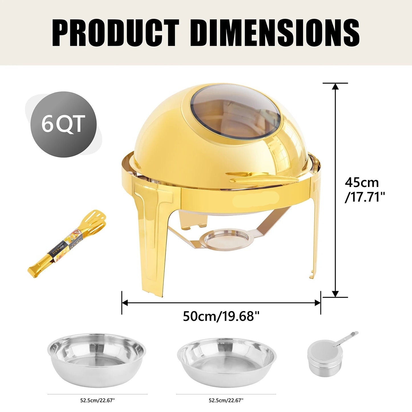 Chafing Dish - Warmhoudplaat - Buffetwarmer - Warmhoudbakken - 6QT - Roestvrijstalen Buffet Set - Rond Ontwerp – Dik Frame – Geschikt voor Catering, Feesten & Bruiloften - Goud