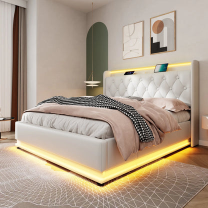 Hydraulisch Tweepersoonsbed – Opbergbed – Storage Bed – Bed Met Lade – Slaapbed – Beige 140x200 cm – Met Zacht Gestoffeerd Hoofdbord – Houten Frame Met Metalen Lattenbodem - QUORE