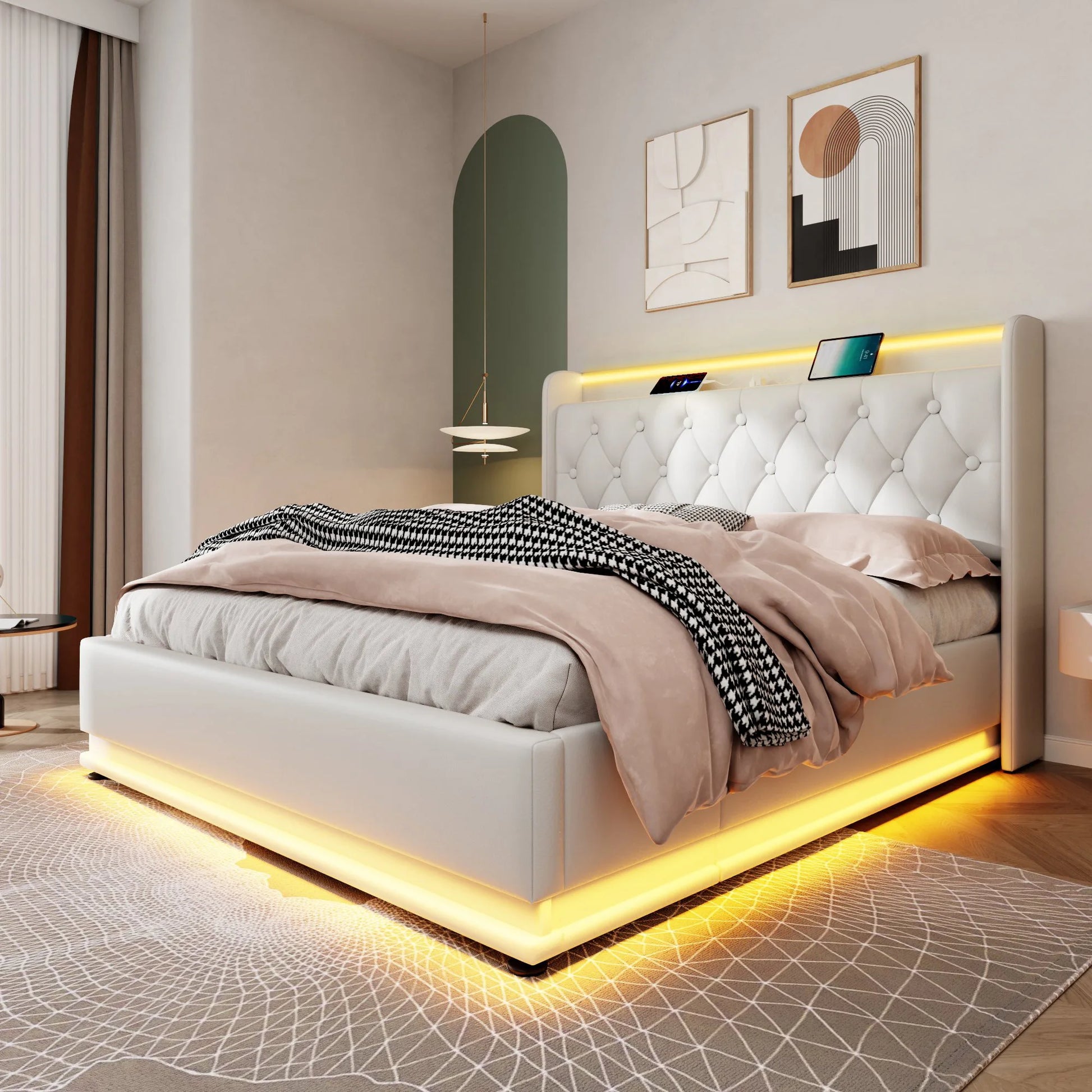Eenpersoonsbed – Bed – Slaapbank – Opbergbed – Kinderbed – 90x200 cm – Linnen Bekleding – USB Type-C Oplaadfunctie - QUORE