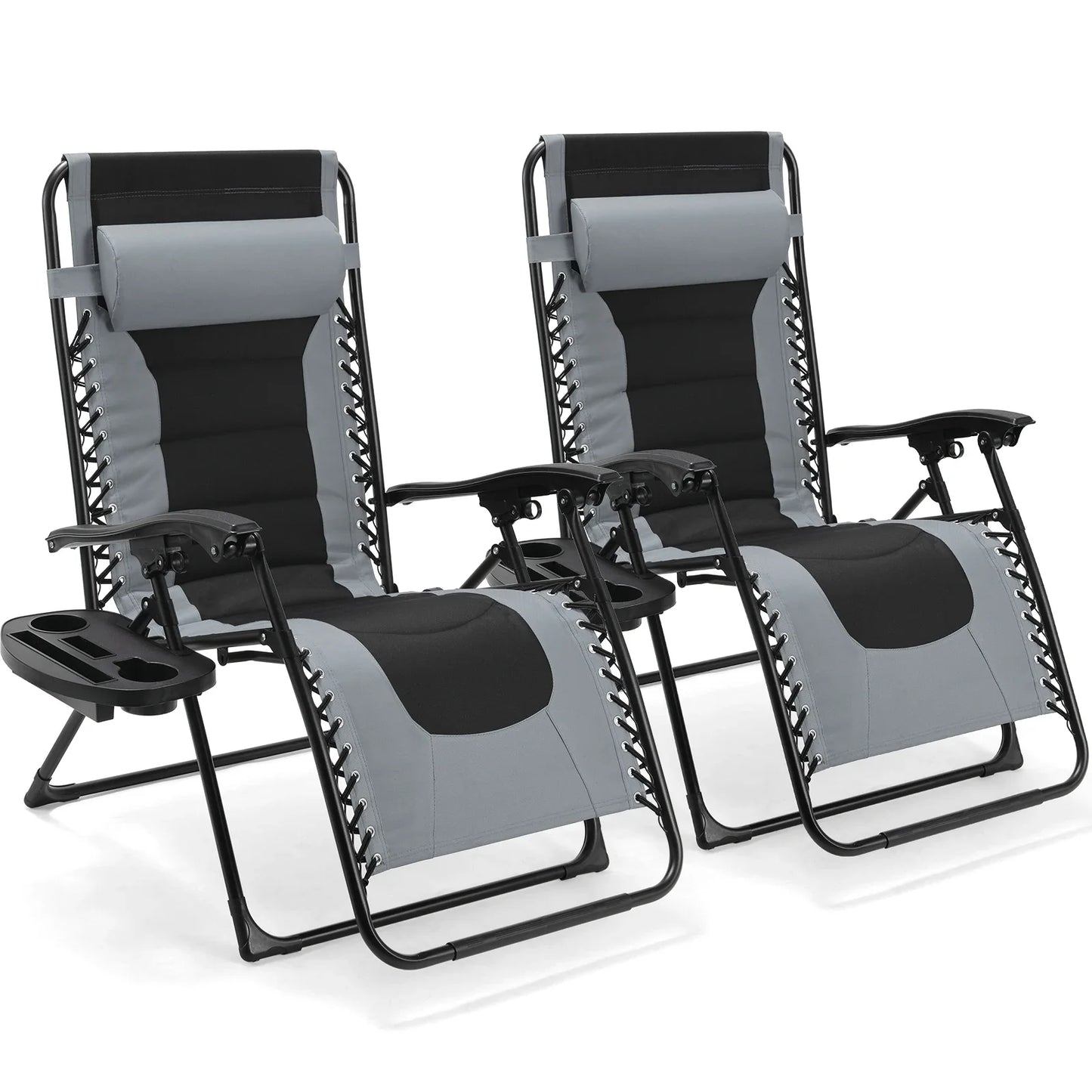 Gevoerde Opvouwbare Loungestoel - Tuinstoel - Ligstoelen Buiten - Tuinstoelen - 160kg Draagvermogen - Verstelbare Hoofdsteun & Bekerhouder - Set van 2 - Grijs