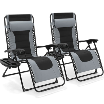 Gevoerde Opvouwbare Loungestoel - Tuinstoel - Ligstoelen Buiten - Tuinstoelen - 160kg Draagvermogen - Verstelbare Hoofdsteun & Bekerhouder - Set van 2 - Grijs