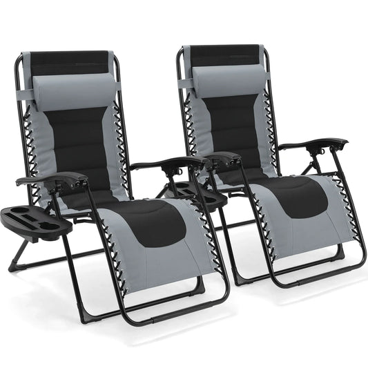 Gevoerde Opvouwbare Loungestoel - Tuinstoel - Ligstoelen Buiten - Tuinstoelen - 160kg Draagvermogen - Verstelbare Hoofdsteun & Bekerhouder - Set van 2 - Grijs