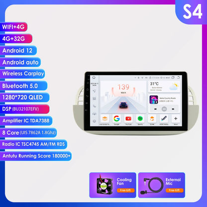 9 Inch Android Autoradio FIAT 500 – Multimedia Speler – Navigatie Systeem – Touchscreen Radio – Draadloze CarPlay Android Auto – Groot Scherm – Ingebouwde GPS