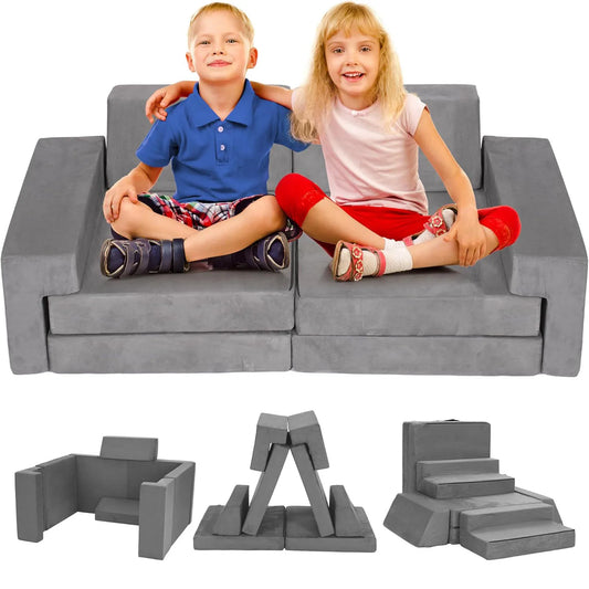 Modular Sofa Set 8-Piece with 3 Shapes, Grey - Soft Washable Cushions for Playroom, Bedroom