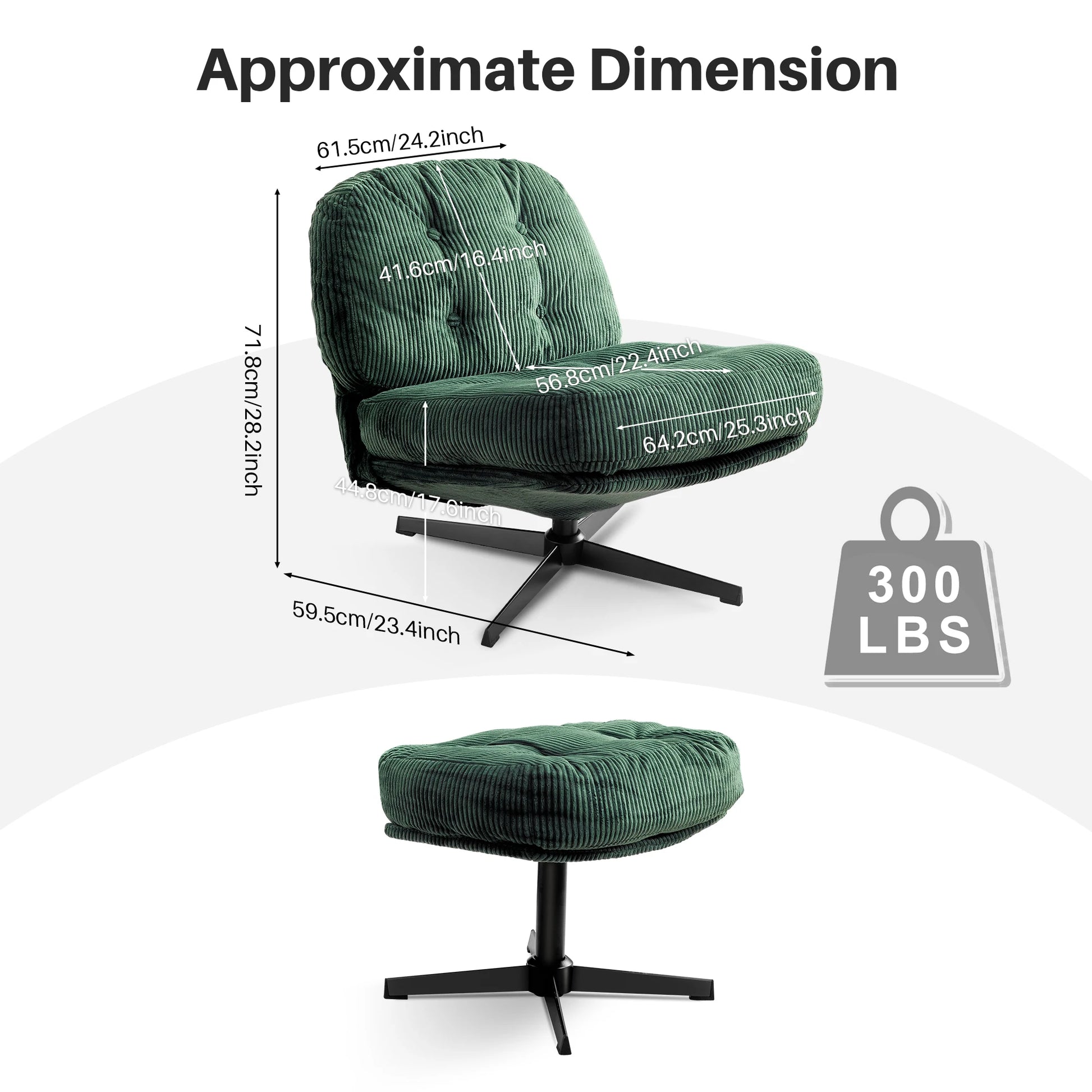 Relaxstoel - Schommelstoel - Fauteuil - Loungestoel - Moderne Vouwbare Accent Stoel -  360° Draaibaar Tufted Luil stoel - met Dikke Kussen en Ottoman voor Woonkamer - Groen - QUORE