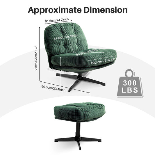 Relaxstoel - Schommelstoel - Fauteuil - Loungestoel - Moderne Vouwbare Accent Stoel -  360° Draaibaar Tufted Luil stoel - met Dikke Kussen en Ottoman voor Woonkamer - Groen - QUORE