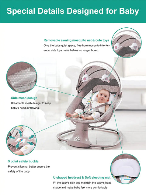 Schommelstoel - Elektrische Schommelstoel - Baby Elektrische Wipstoel - Baby Schommel - Elektrische Baby Schommel - Bluetooth - Afstandsbediening- voor Pasgeborenen - Mokka Grijs