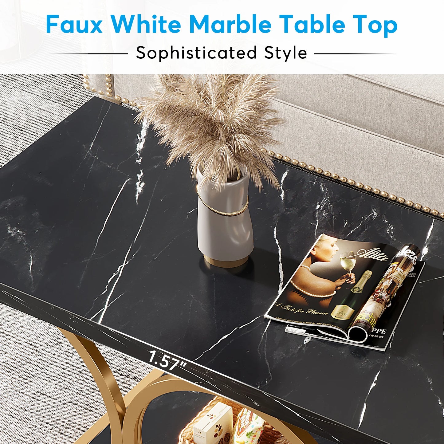 Salontafel – Woonkamertafel – Tafel – 2-laags – Marmeren Look – Gouden Metalen Frame – Krasbestendig Melamine