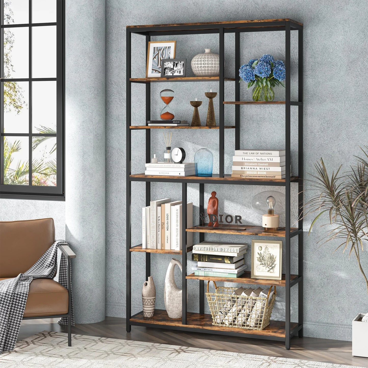 Boekenkasten - Boekenplanken - 9-Tier - Boekenkasten Hout – Vrijstaand Wandrek - met Metaalen Frame – Planken voor Boeken - Dossiers - Decoratie – Geschikt voor Woonkamer - Slaapkamer - Kantoor – 30.5 x 101.5 x 200  - Bruin