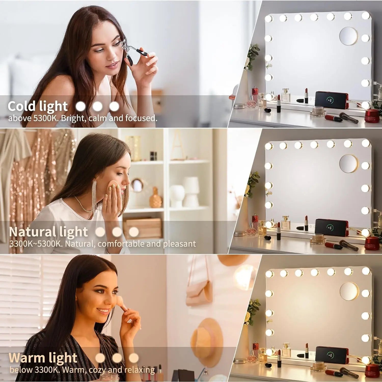 Make up Spiegel - Met Verlichting - 20 LED - 80x60 cm - Grote Kosmetische Spiegel - 3 Dimmer Lichten - USB-oplaadpoort - Bluetooth - Metalen Frame - Zwart - QUORE