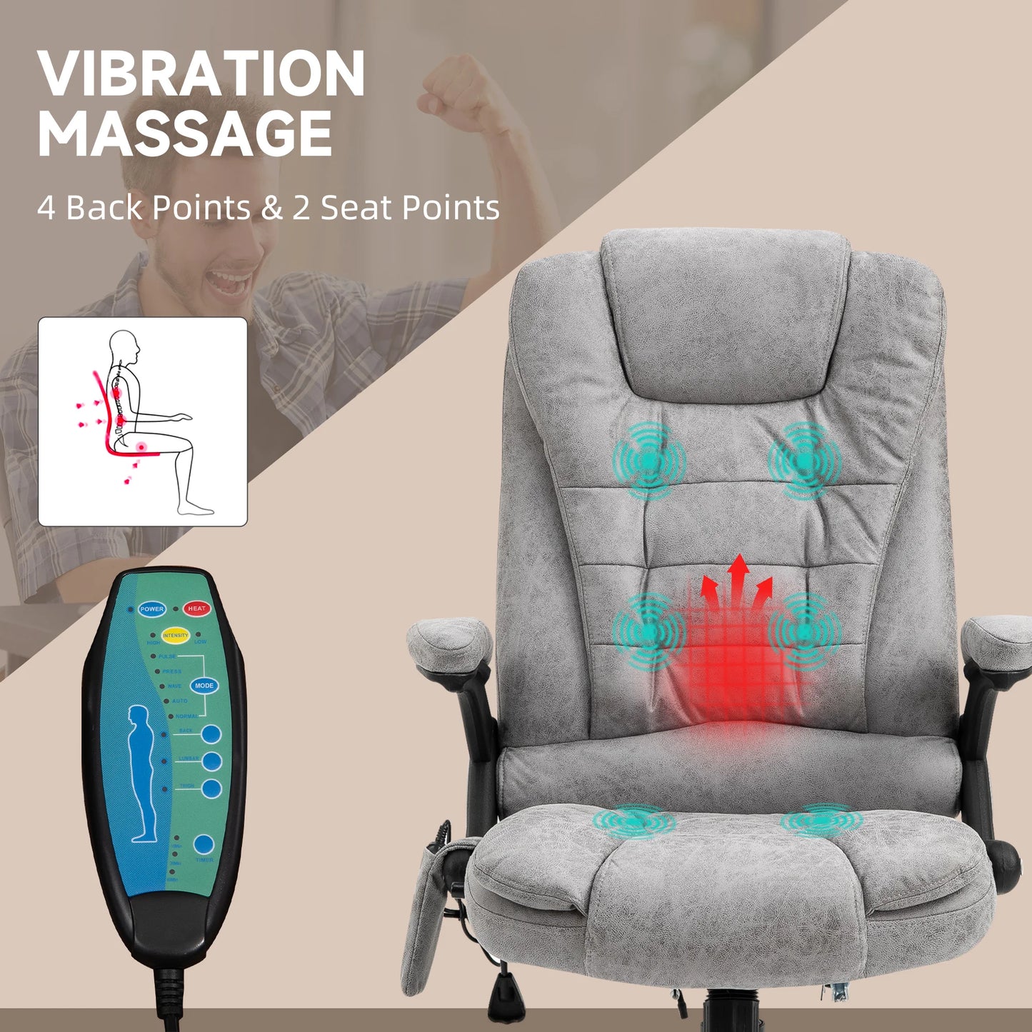 Multifunctionele Bureaustoel – Ergonomische Stoel – Massage Stoel – Comfortabele Bureaustoel – Verstelbare Rugleuning – 6 Massagepunten – Warmtefunctie - 68 x 72 x 110-120 cm - Grijs - QUORE