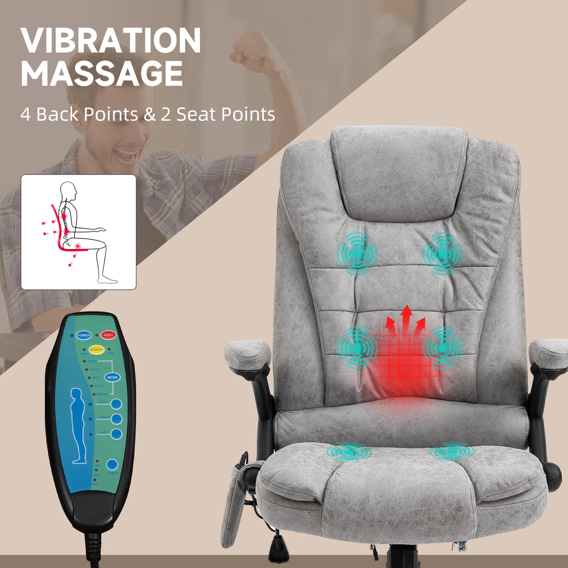 Multifunctionele Bureaustoel – Ergonomische Stoel – Massage Stoel – Comfortabele Bureaustoel – Verstelbare Rugleuning – 6 Massagepunten – Warmtefunctie - 68 x 72 x 110-120 cm - Grijs - QUORE