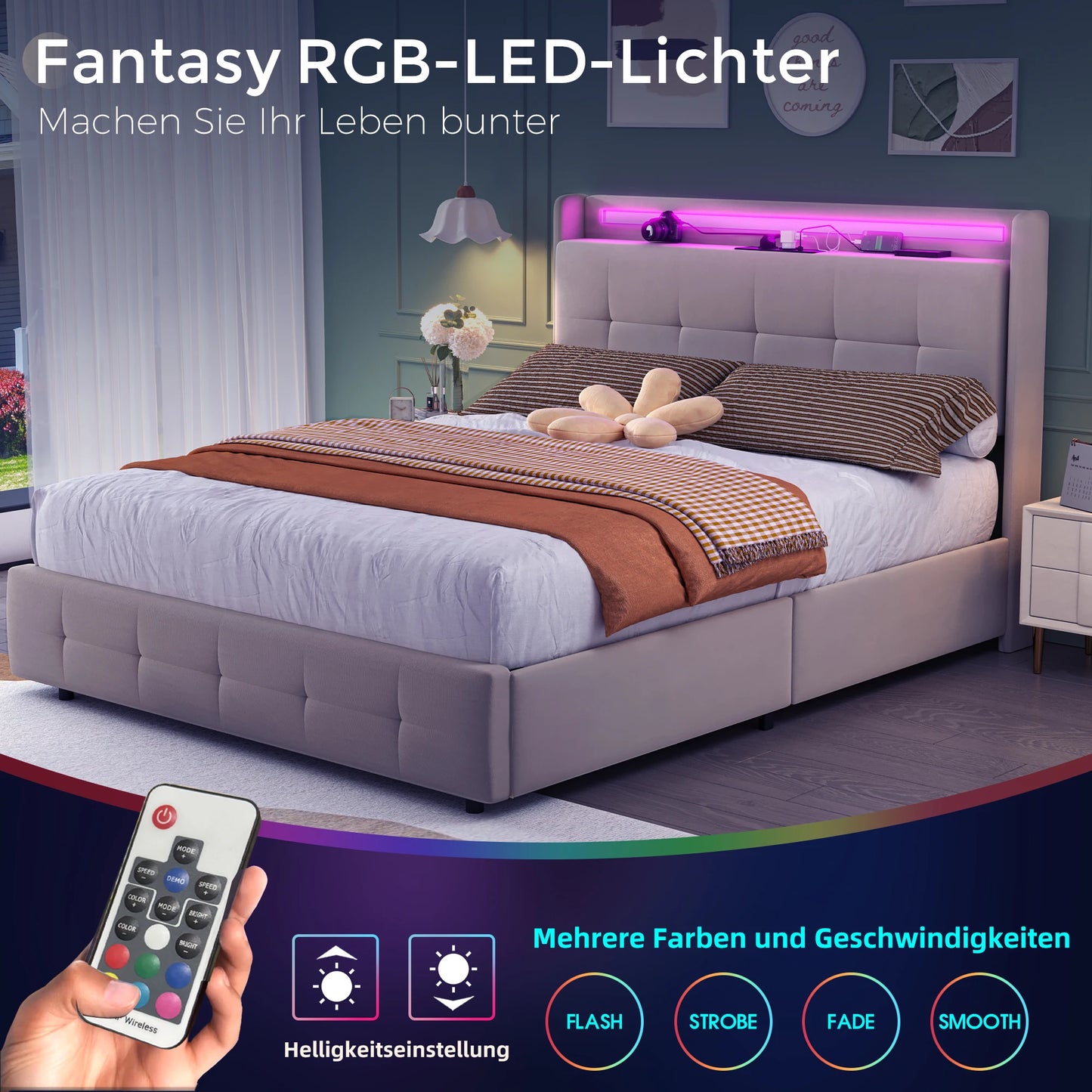 2-persoonsbed – Tweepersoonsbed – Bed Met Opbergruimte – Slaapbank – Led Bed – Met USB Oplaadpoort – Stijlvol Met Metaal En Composite Stof – 222x168,5x113 cm